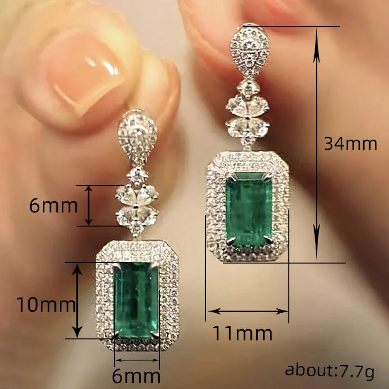 Green square bright zircon drop earrings with flower and geometric design in copper