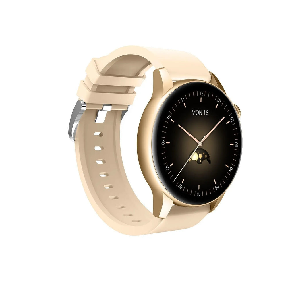 Smart watch with round colour screen in black, pink, or silver stainless steel case.