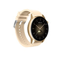 Smart watch with round colour screen in black, pink, or silver stainless steel case.