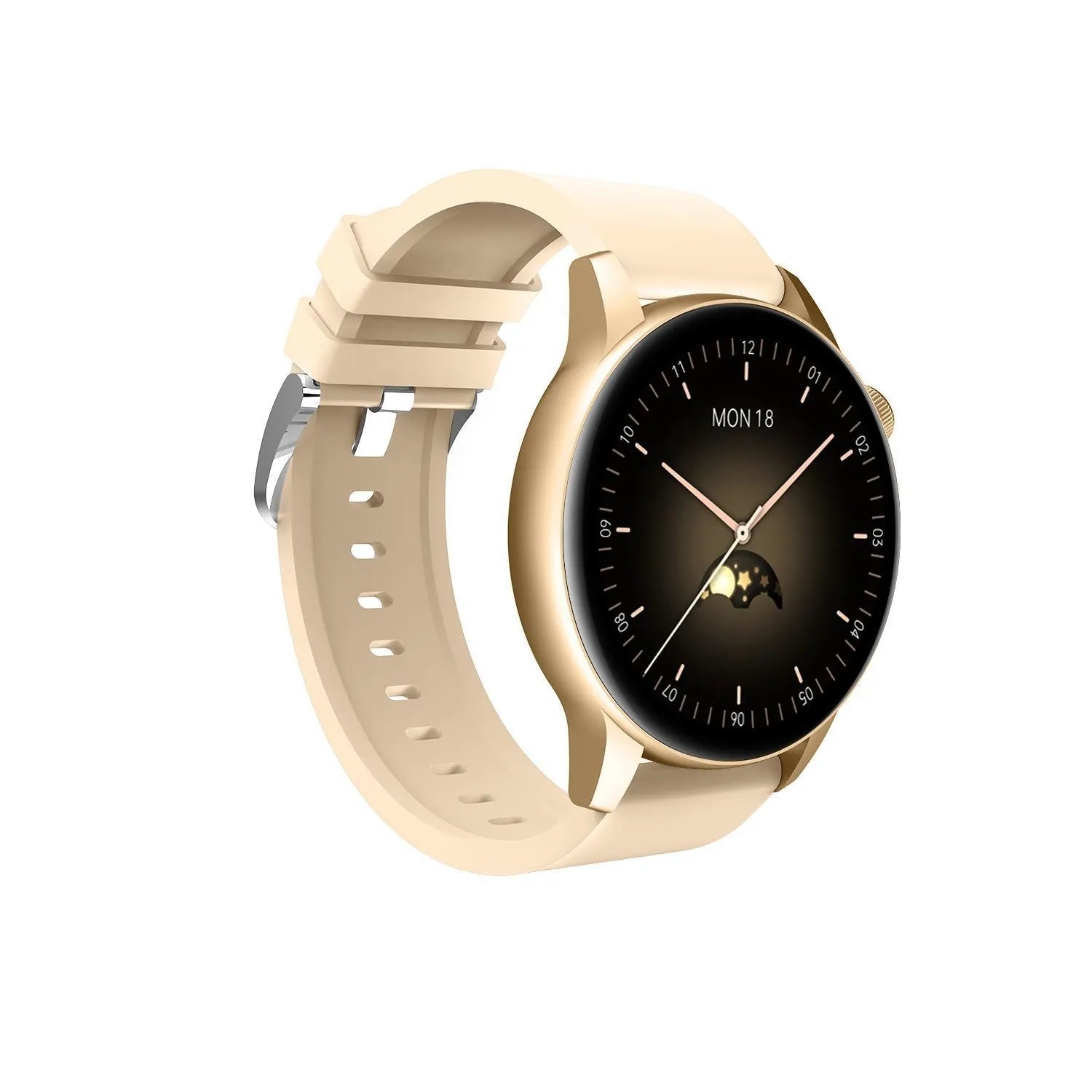 Smart watch with round colour screen in black, pink, or silver stainless steel case.