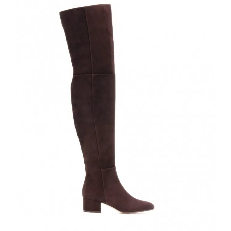 Grey suede women's over-the-knee flat boots with pointed toe and low thick heel.
