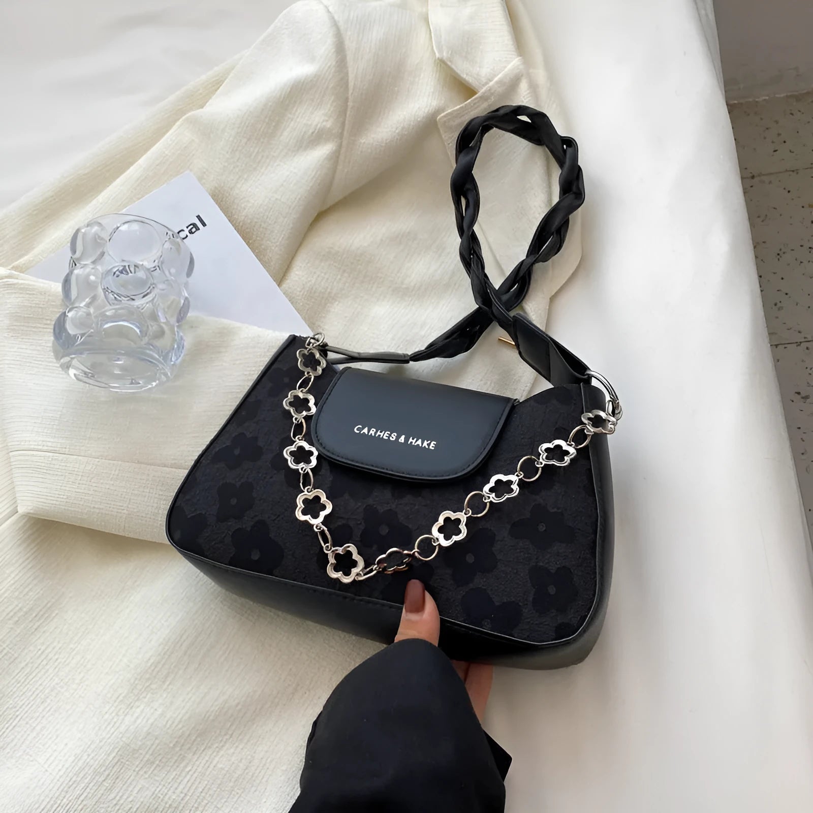 Women's fashion large capacity underarm shoulder bag in beige PU leather horizontal square shape with outer pocket