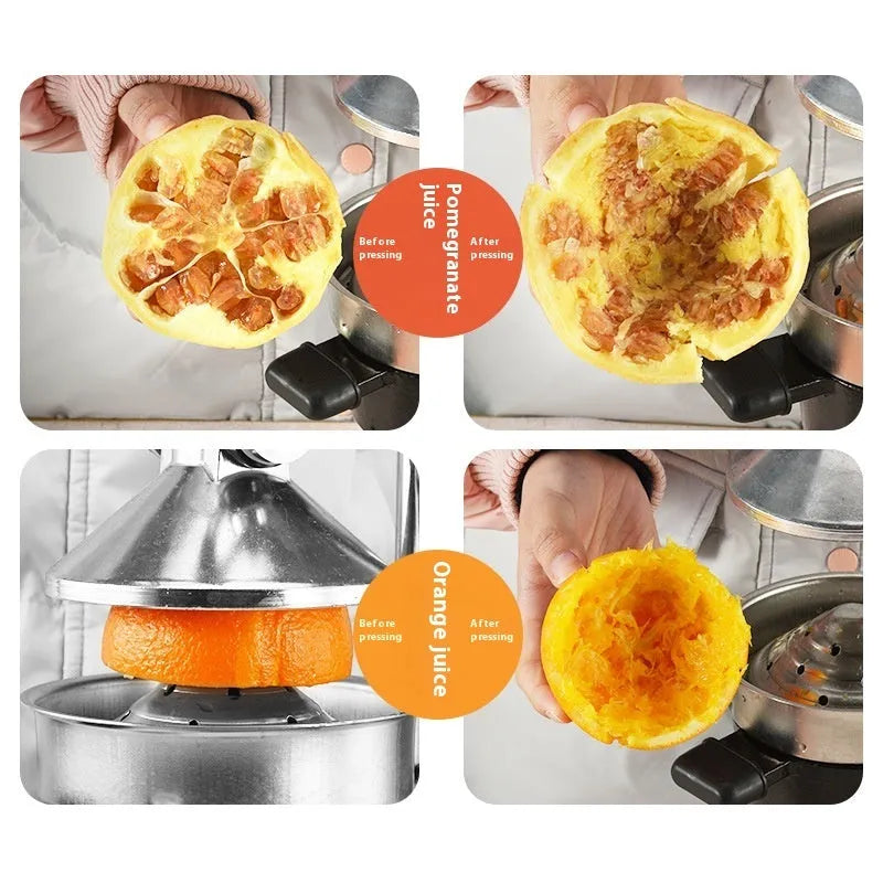 Black cast iron manual citrus juicer with stainless steel strainer, 40cm height