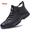 Men's winter snow boots with cowhide upper, wool cashmere lining, non-slip rubber sole, chunky heel, black plus velvet colour