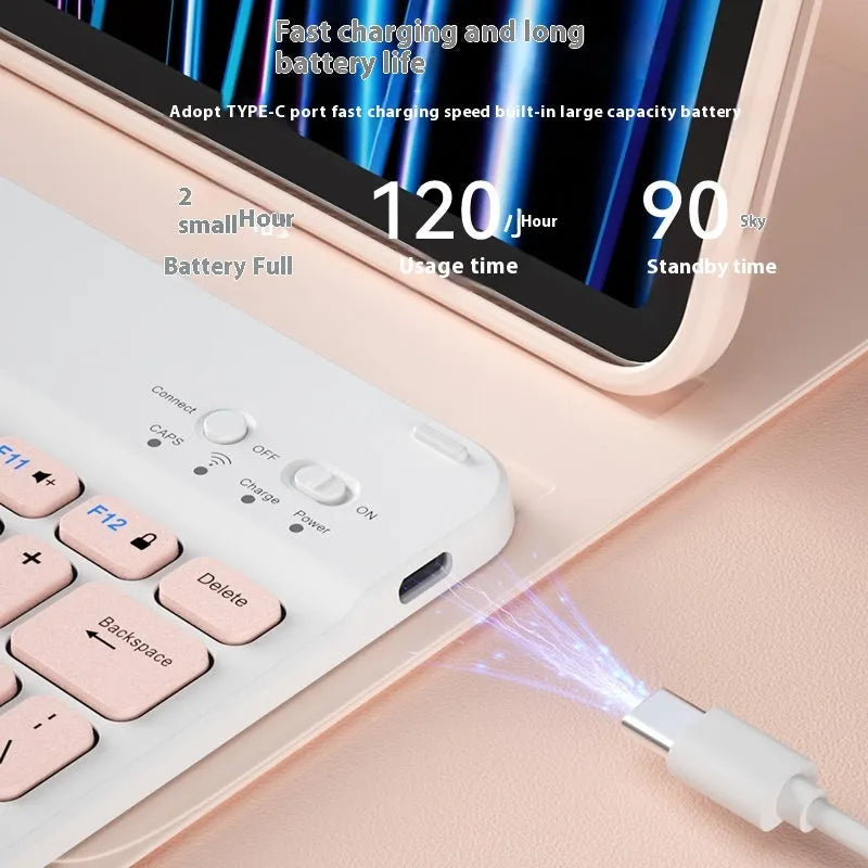 Bluetooth keyboard and matching rechargeable mouse set in elegant pink colour on a desk next to a tablet.