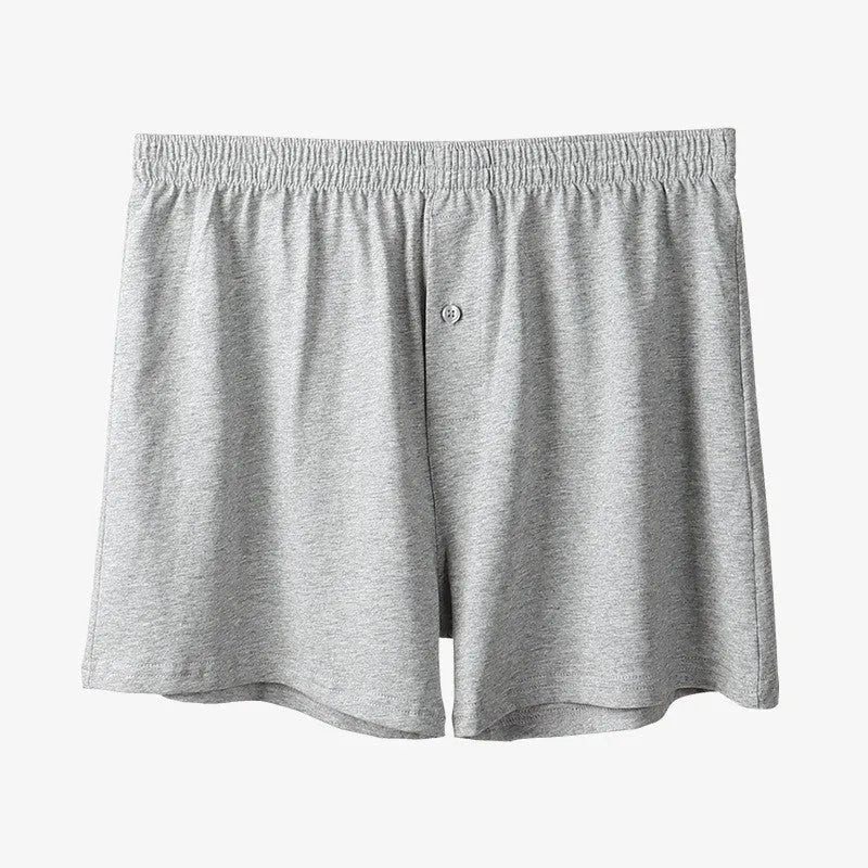 Men's pure cotton boxer shorts in black, light grey and navy blue colours showing high-waist loose fit design