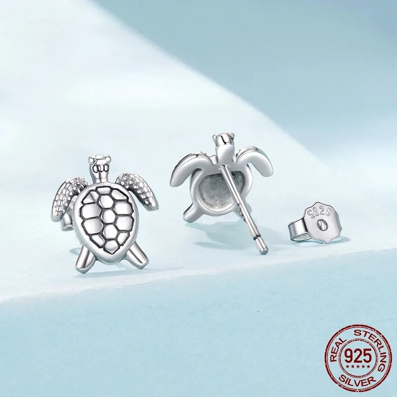 S925 sterling silver turtle stud earrings with polished finish, unisex pair, colour SCE1935