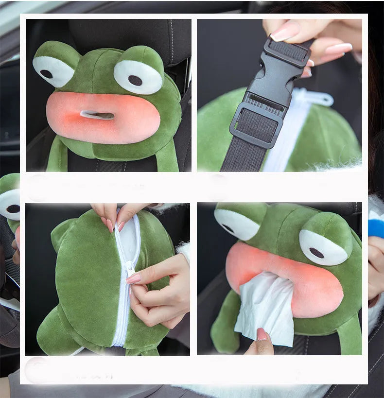 Green frog plush car tissue box hanging on seat back with telescopic buckle
