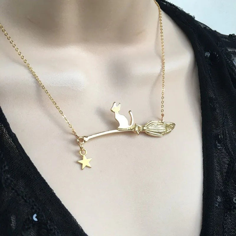 Halloween black cat alloy necklace pendant with animal zodiac totem styling in gold and silver finishes