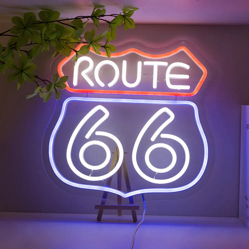 66 Highway neon LED creative glow sign in warm white with Alec shell shape