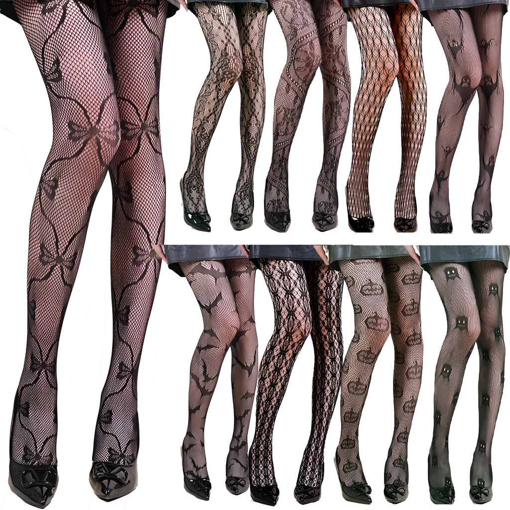 Halloween spider web leopard print fishnet stockings on women's legs, seamless black nylon with pattern