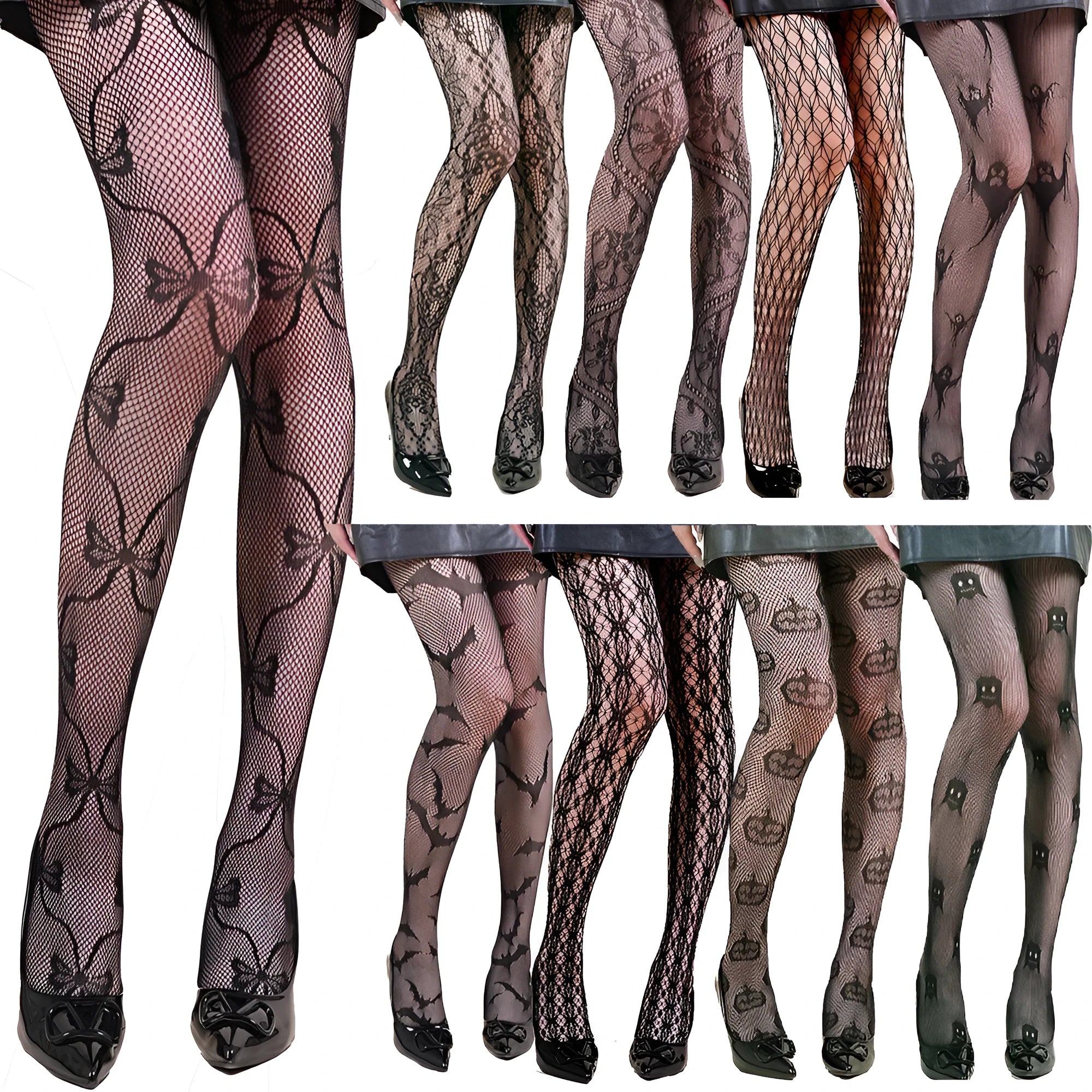 Halloween spider web leopard print fishnet stockings on women's legs, seamless black nylon with pattern