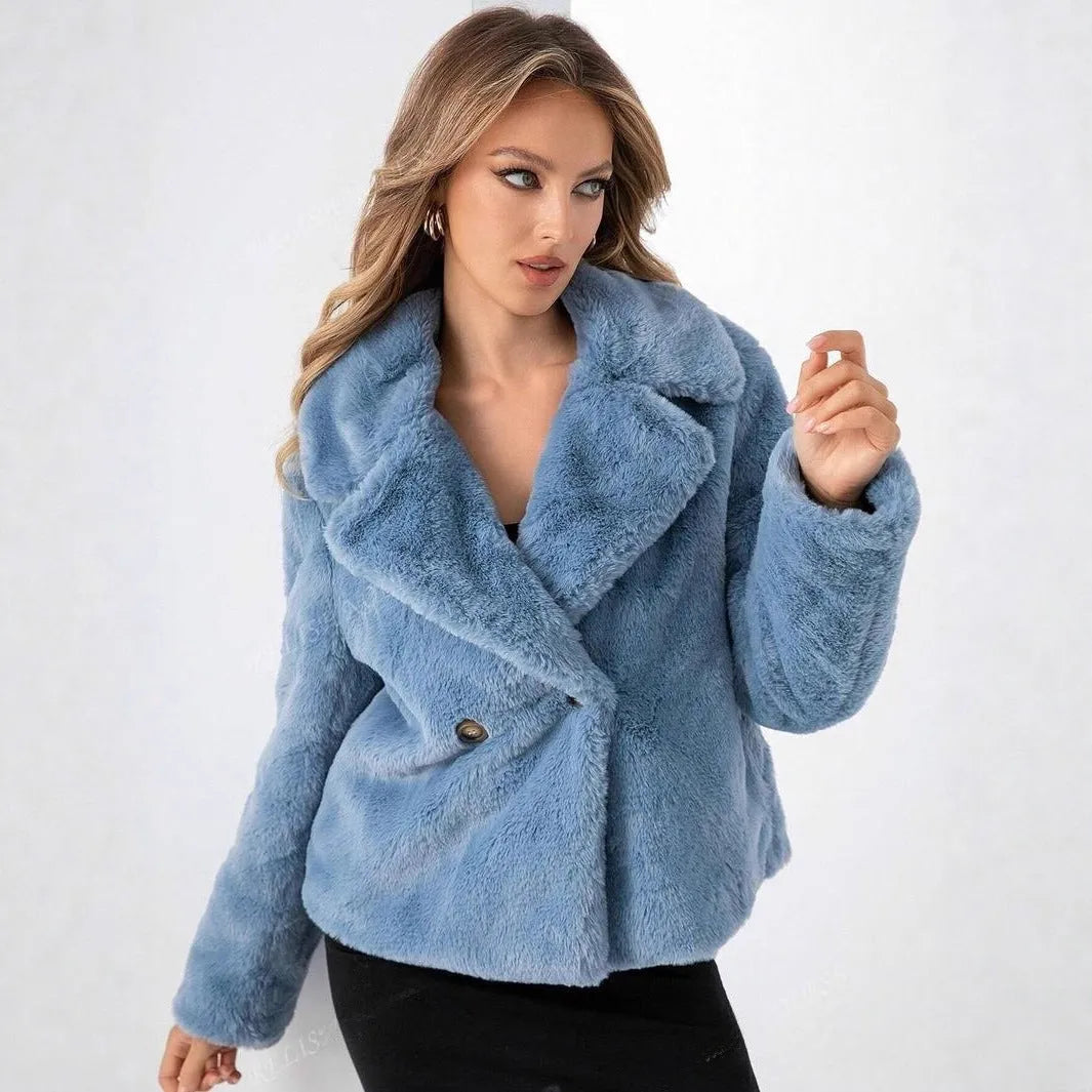 A rose red women's loose short coat made from soft artificial fur with regular sleeves.