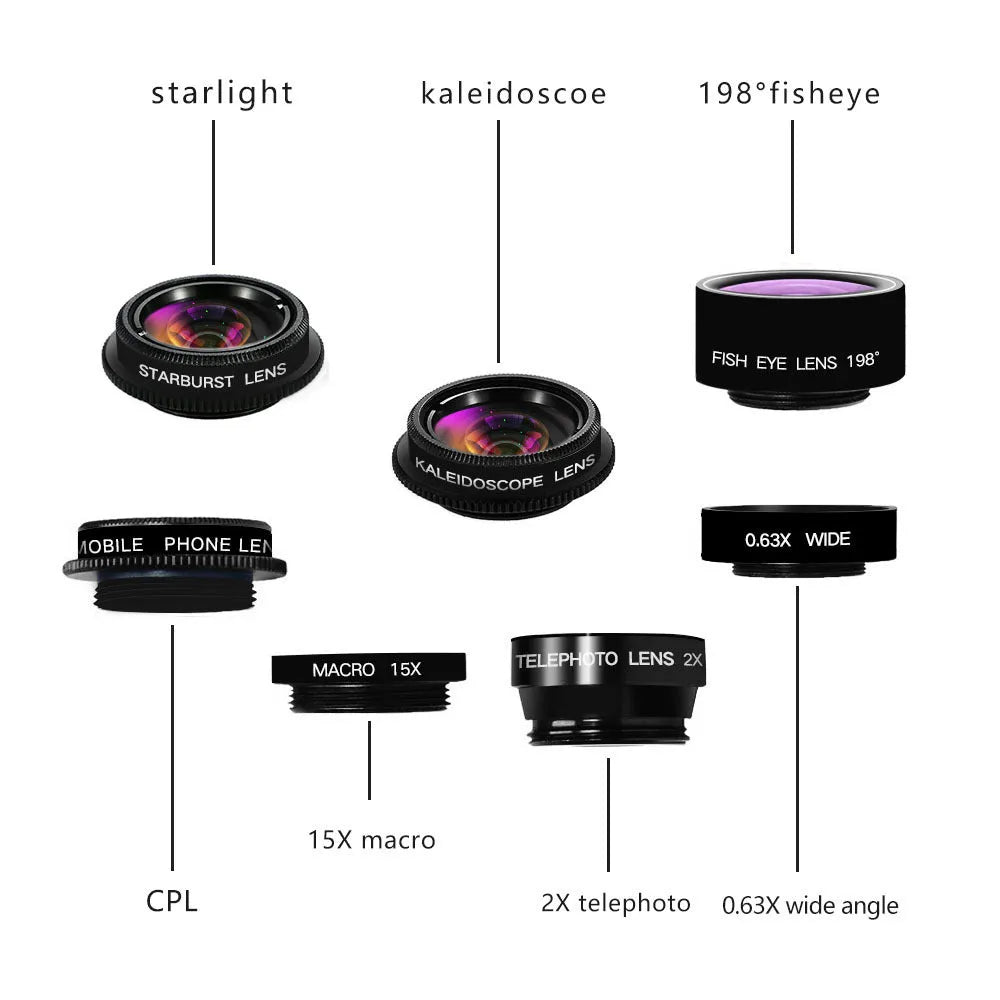 7-in-1 mobile phone camera lens kit with fisheye, wide angle, macro, 2X telephoto, CPL, star and kaleidoscope lenses plus universal clip