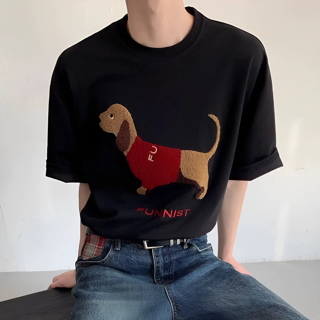 Men's grey cotton T-shirt with an embroidered brown sausage dog design on the front.