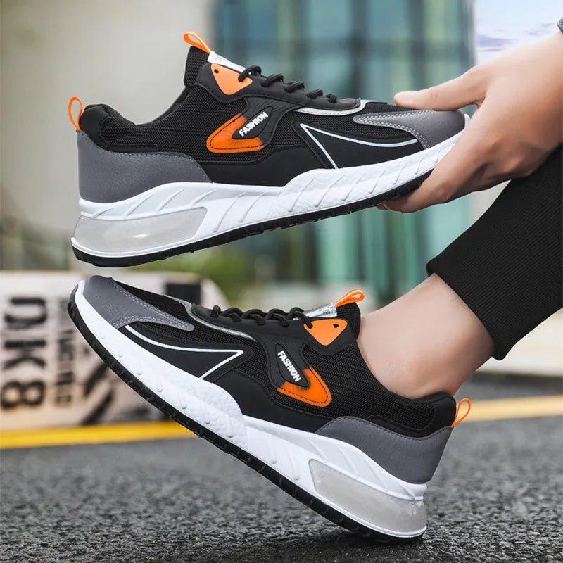 Colour-blocked men's mesh trainers with rubber sole, front lace-up, flat heel, round toe, in Black Green, Black Orange, or Grey Orange.