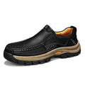 Men's black mountaineering shoes with thick rubber soles and stitched PU leather upper