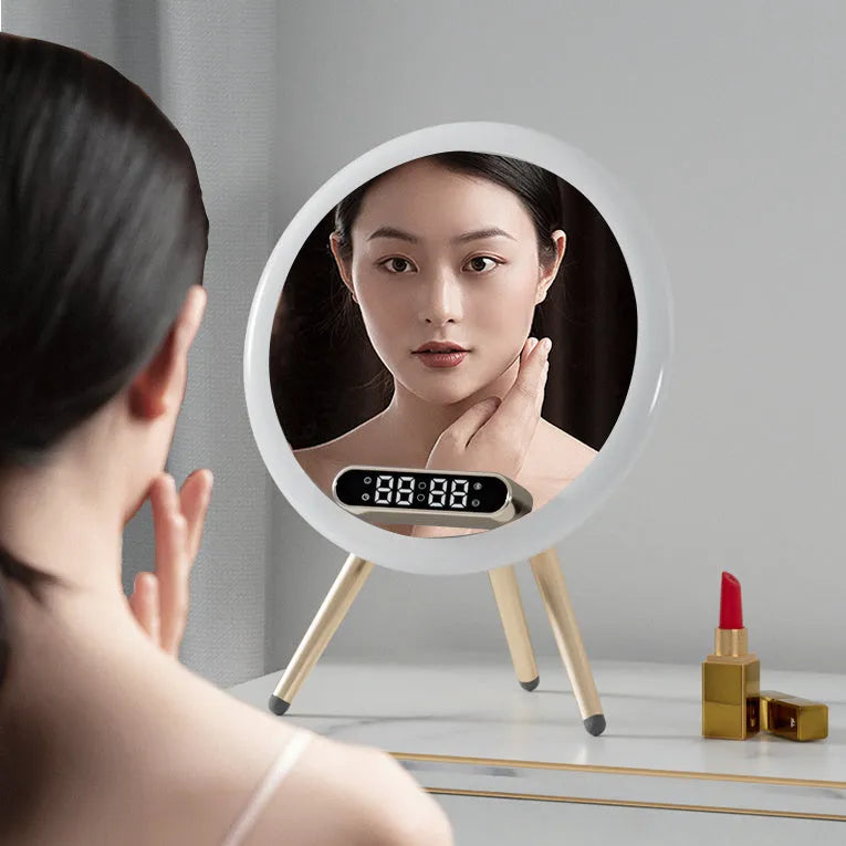 Multi-function LED mirror alarm clock with wireless charger and Bluetooth speaker in white and blue