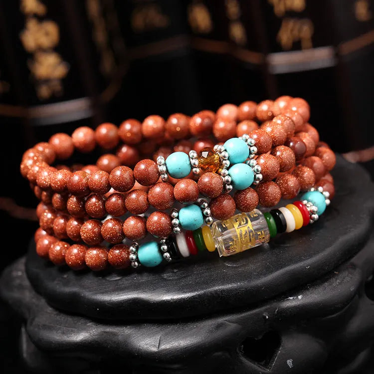 Golden Star Stone multi-circle mantra bracelet with 108 nugget sand beads and fu character design