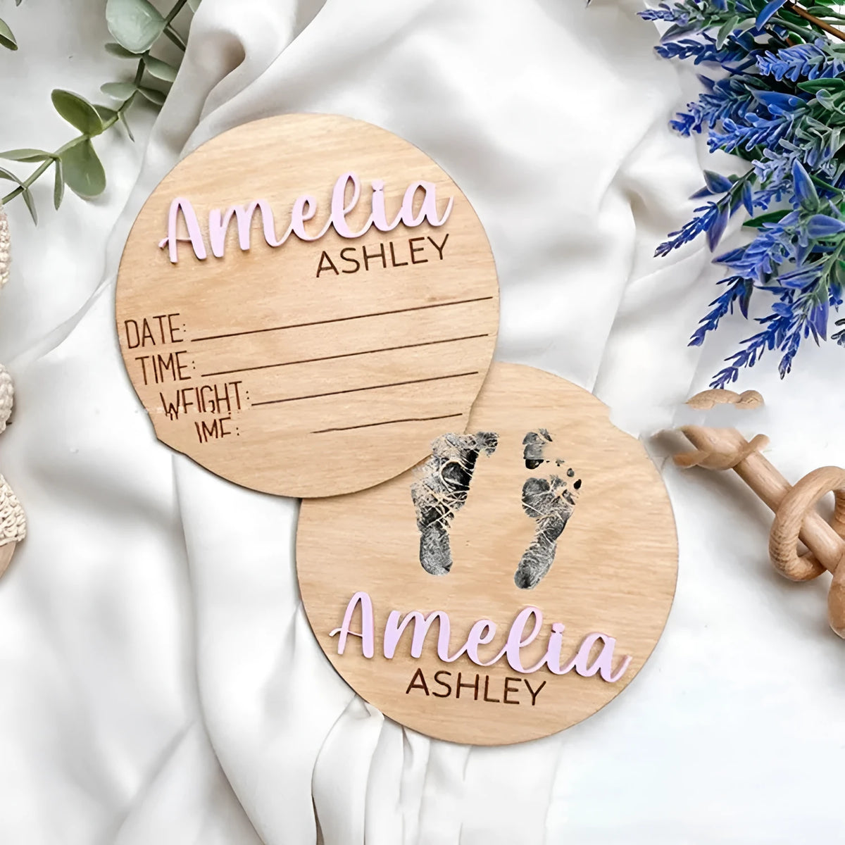 Brown limewood baby birth bulletin board in modern art style, available in sizes from 102mm to 203mm