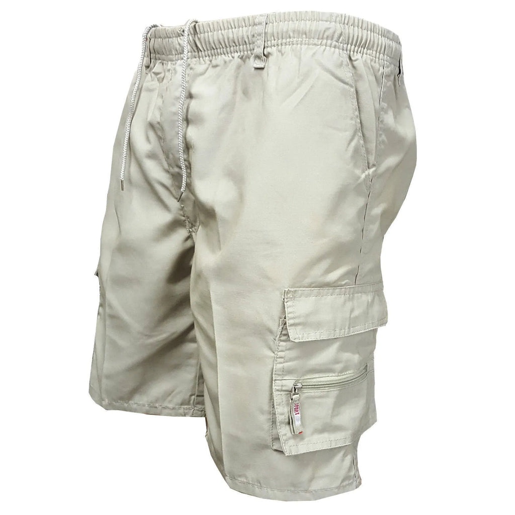 Men's cotton summer shorts in khaki colour with multiple pockets and drawstring waist