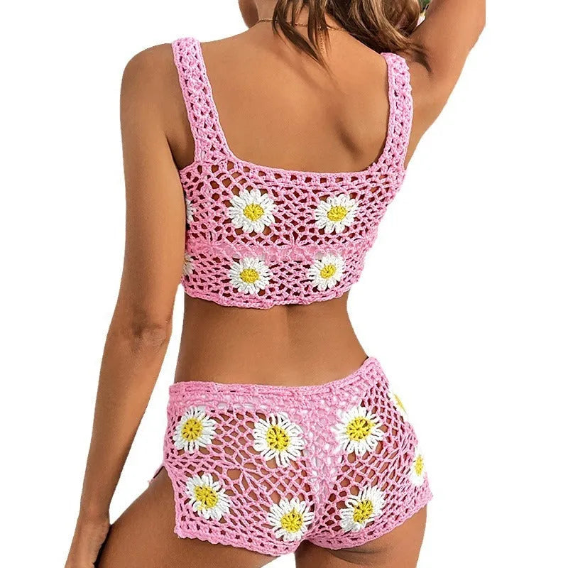 Floral pattern swimsuit bikini set in light green and pink hollow yarn fabric