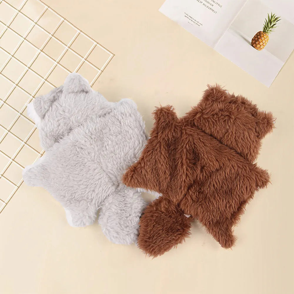 Plush flying squirrel cat teaser toy in brown and grey with ringing paper sound, on a plain background