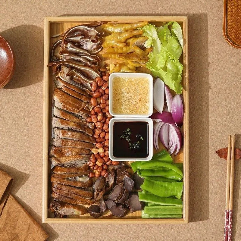 Brown-handled bamboo serving tray with solid colour pastoral design for barbecue shops