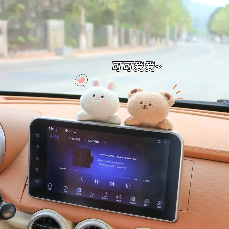 Soft fabric plush doll decoration for car centre console in bear or rabbit cartoon design