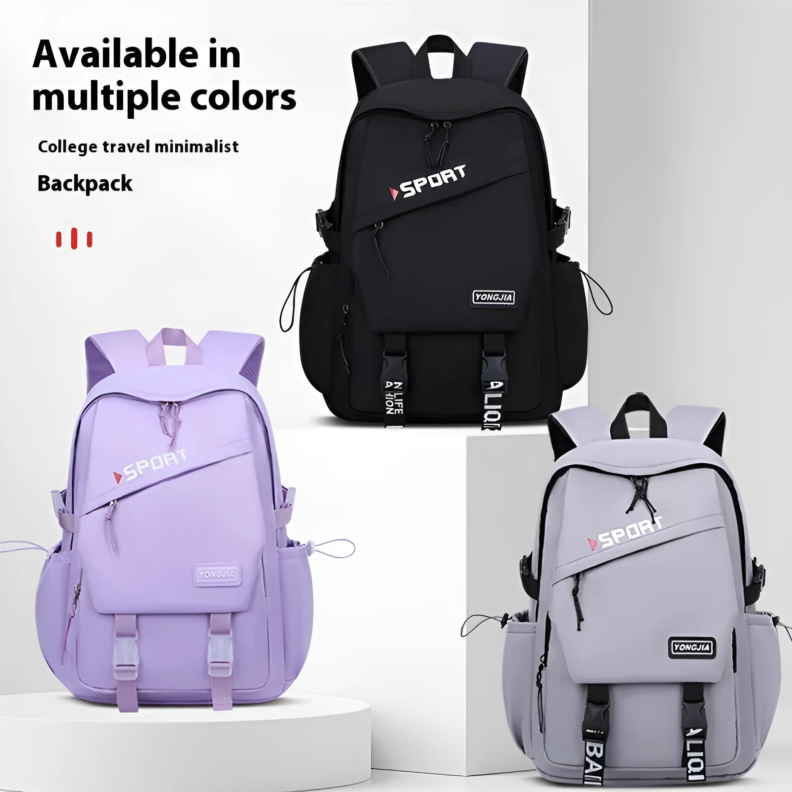 School Trends backpack in black, gray, and purple, made from Oxford cloth with curved shoulder straps for girls grade 4-9
