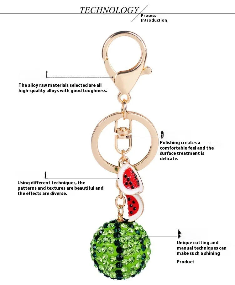 Green watermelon-shaped metal keychain on a white background.