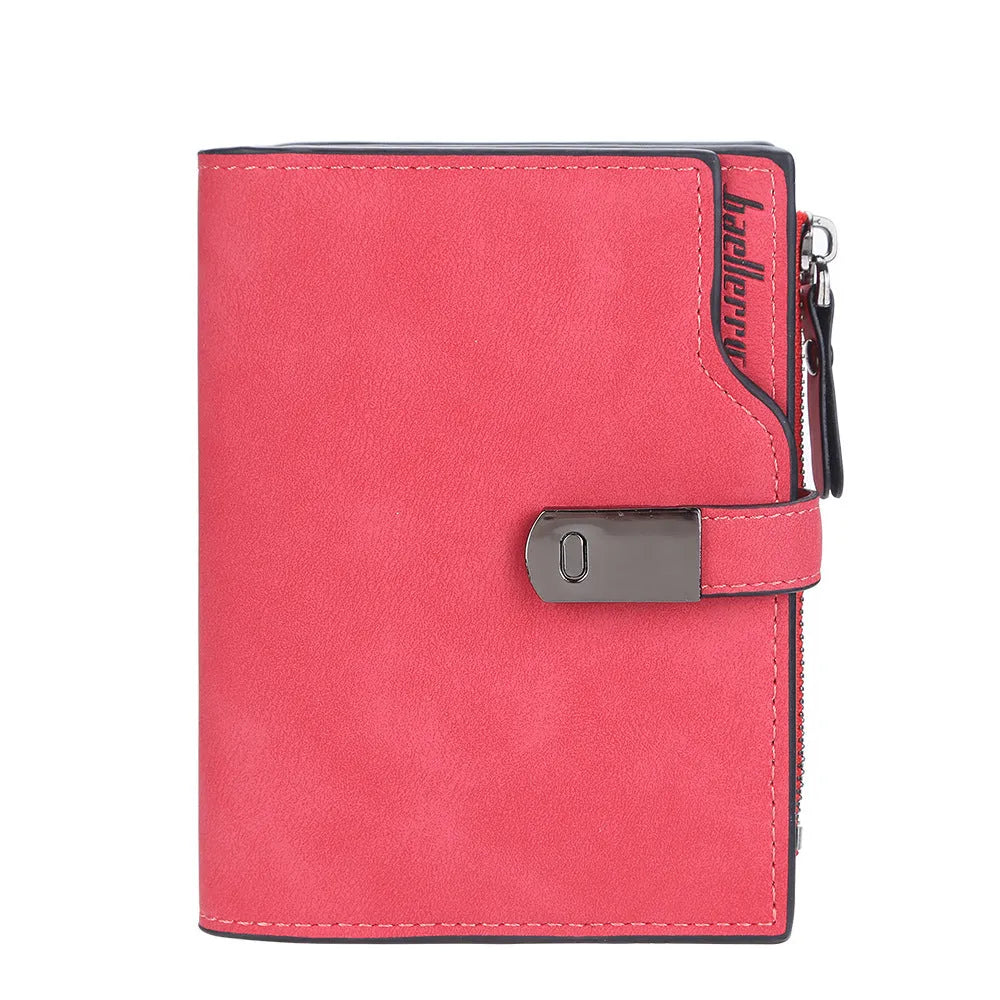 Multi-slot women's short wallet in solid colour with PU leather and stitching detail