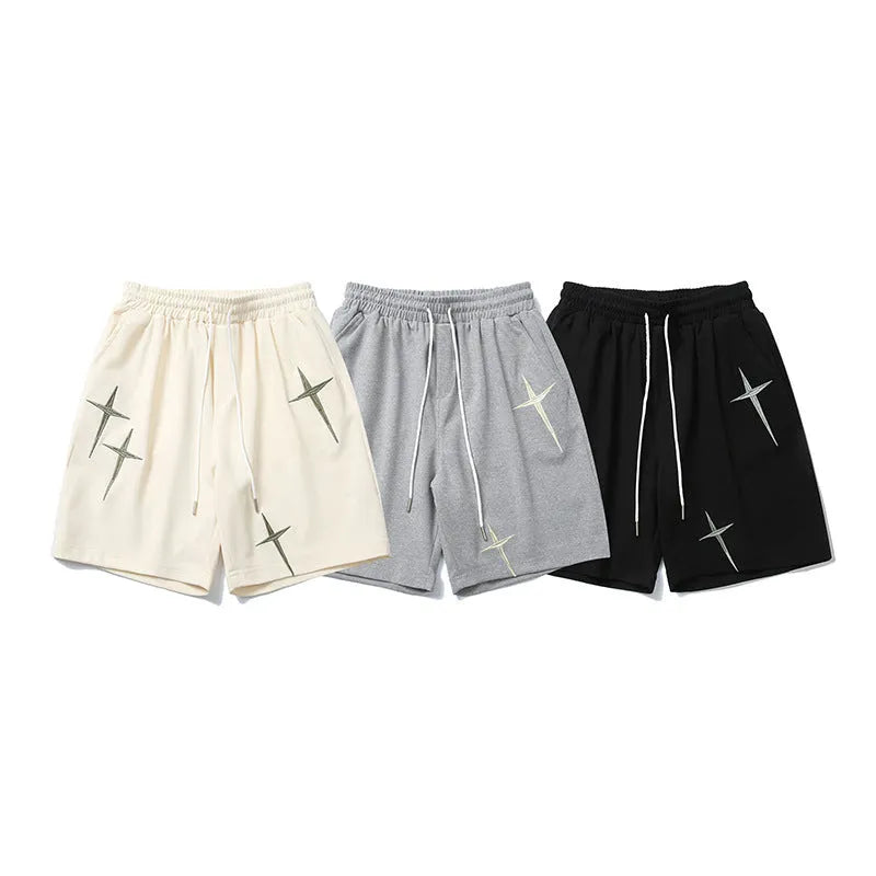Men's cotton embroidered track shorts in grey, black or beige, mid waist, sizes M-XXL, casual leisure shorts