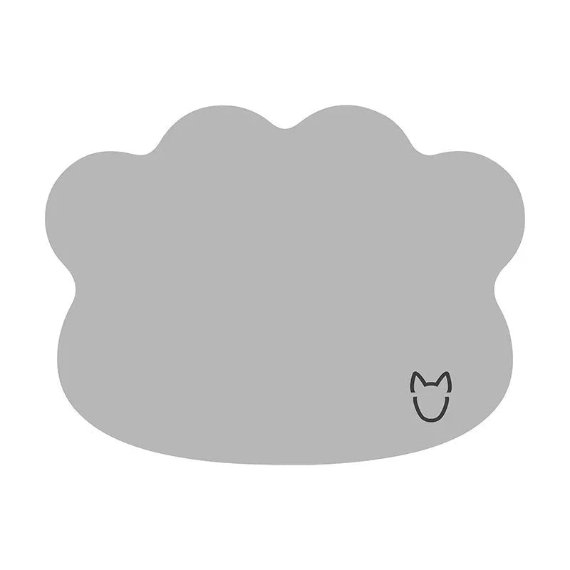 Light gray dog head shaped ice silk cooling mat for pets on a wooden floor