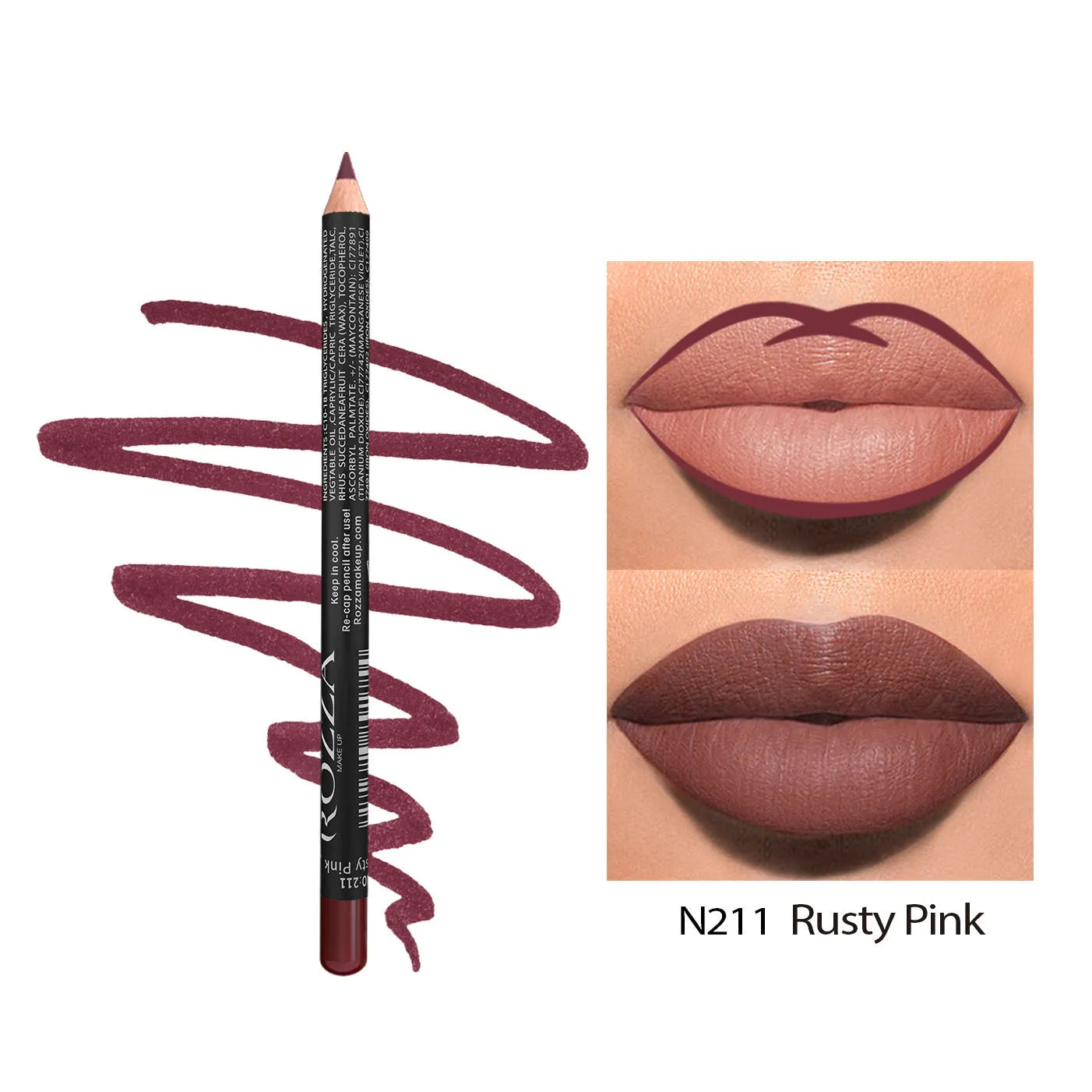 Matte finish lip liner pencil in wood-tone shade showing precise tip for 24-hour wear