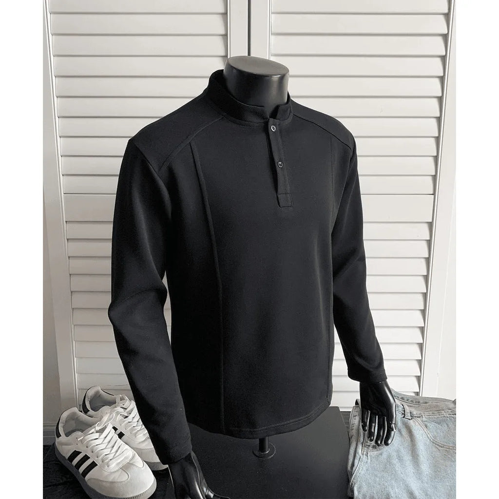 Men's loose-fit long-sleeve polo shirt with a stand-up collar and asymmetric patchwork design in Chinese cotton.