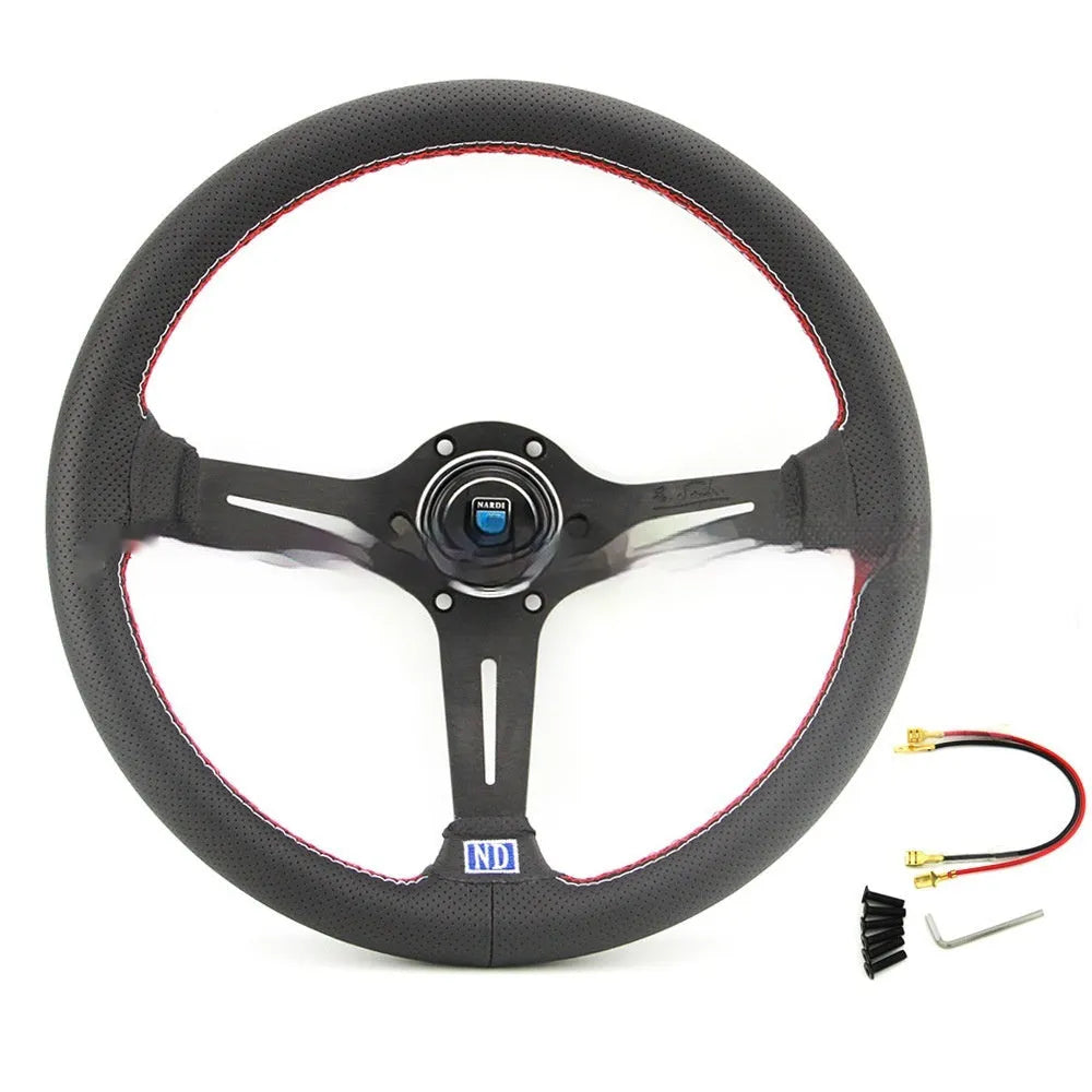 Leather 14-inch middle concave car steering wheel with hand stitching, showing black skeleton option
