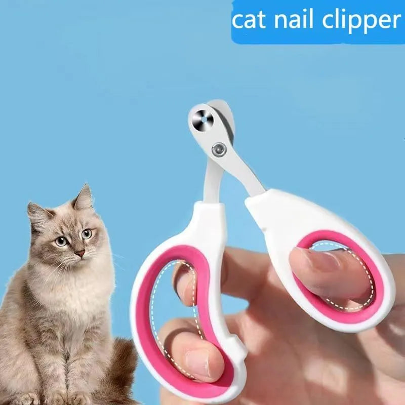 Blue handled cat nail clippers with circular cut hole showing stainless steel blade and non-slip grip.