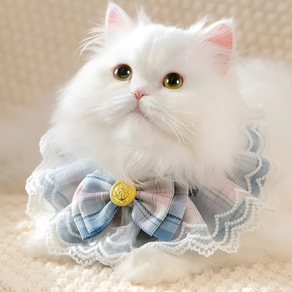 Plaid polyester pet bib with big bow and lace edge in pink, blue, green, red – adjustable collar sizes XS-XL