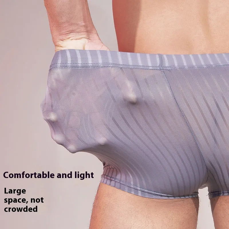Men's striped nylon underwear with thin transparent fabric and elastic waistband in black, dark grey and white colours