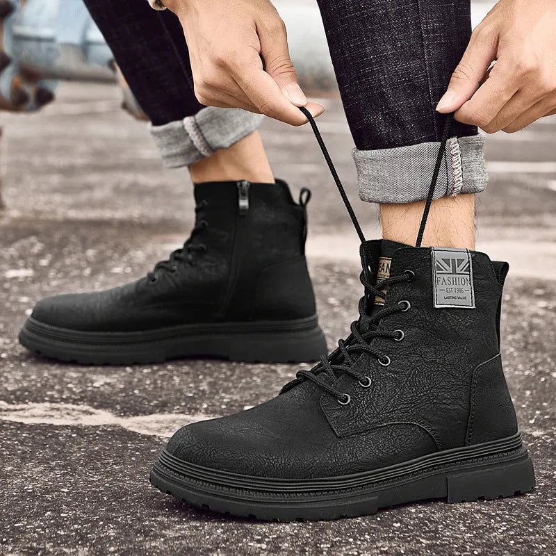 Men's genuine cowhide leather British casual business shoes, black low-top lace-up with rubber sole
