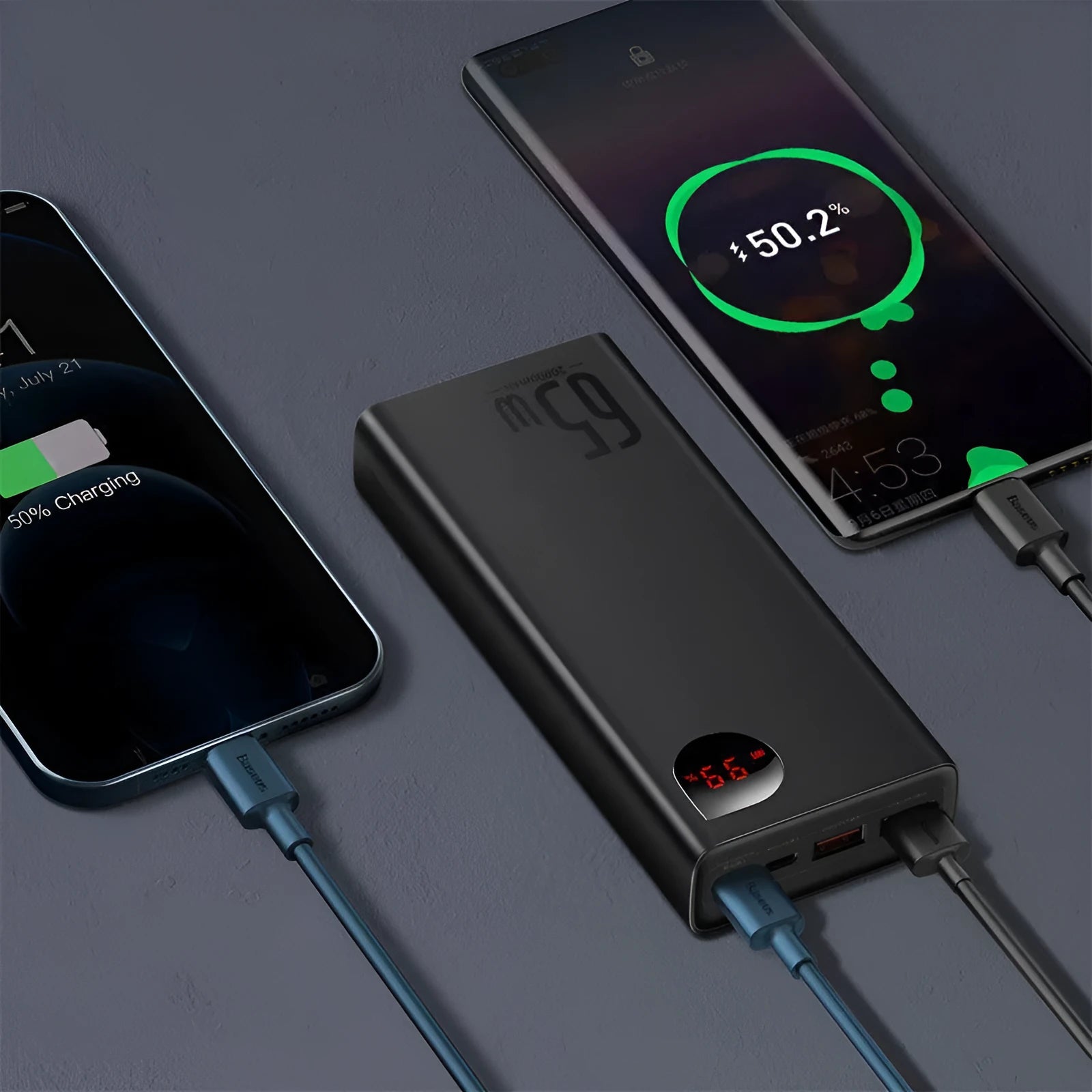 65W 20000mAh digital display power bank with LCD screen, plastic shell, black colour, front view