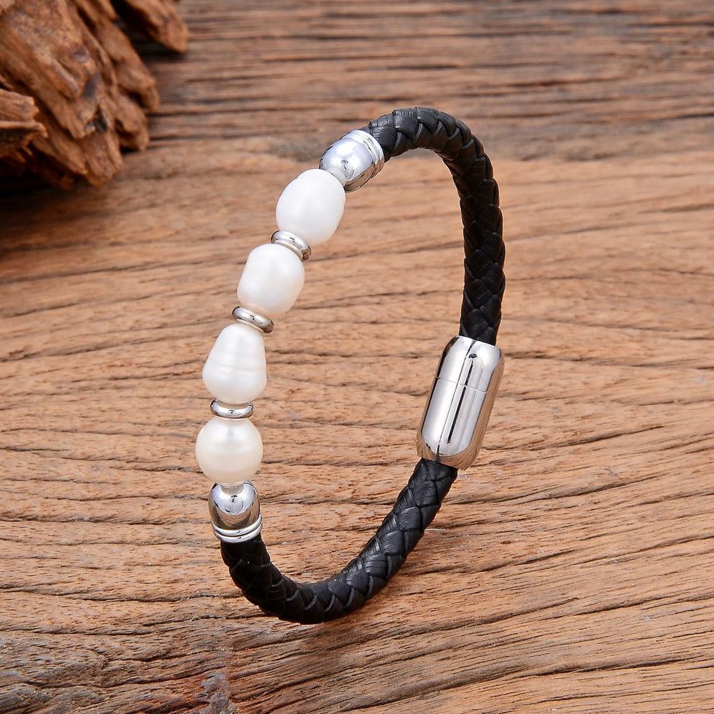 Korean style leather bracelet with irregular shaped pearls and adjustable fastening