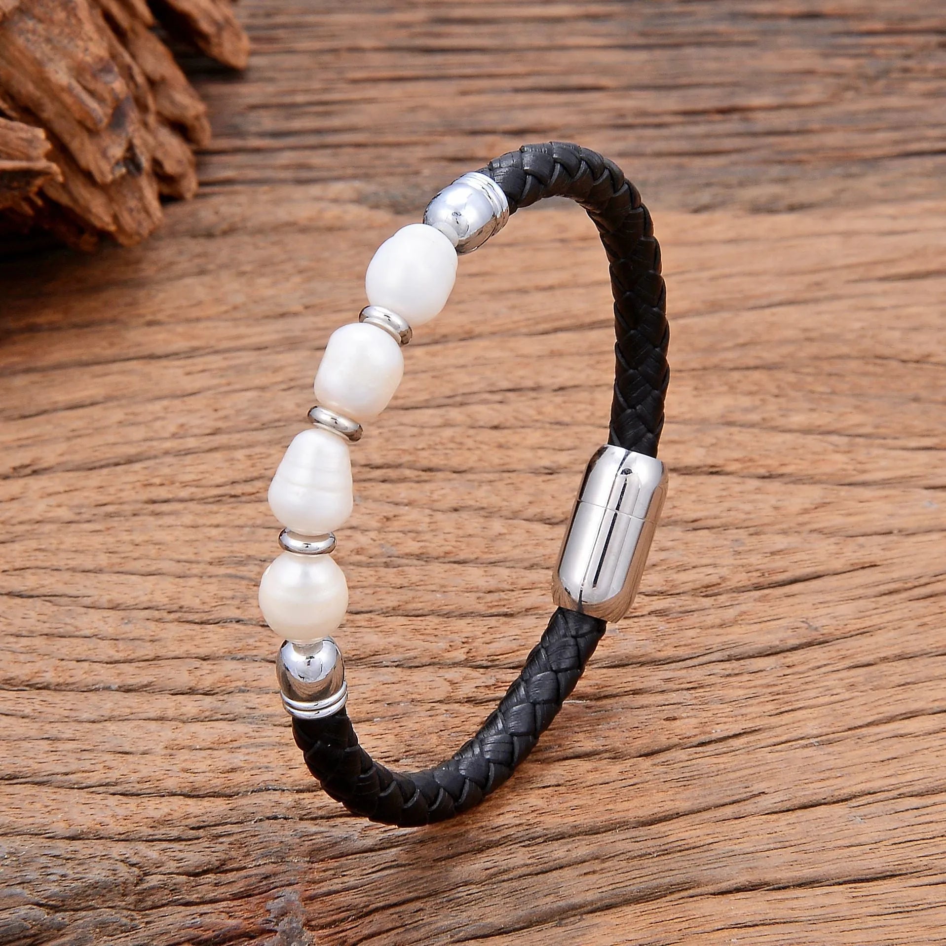 Korean style leather bracelet with irregular shaped pearls and adjustable fastening