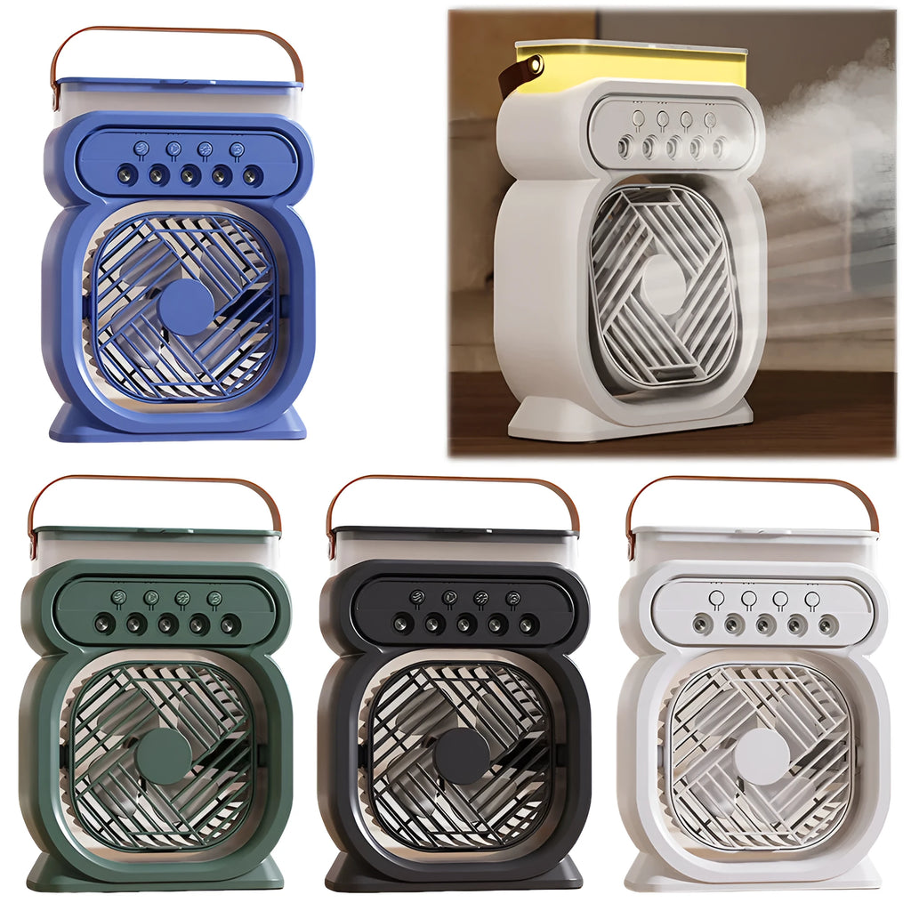 Black portable air cooler with LED lights, water tank, and USB cable on wooden desk