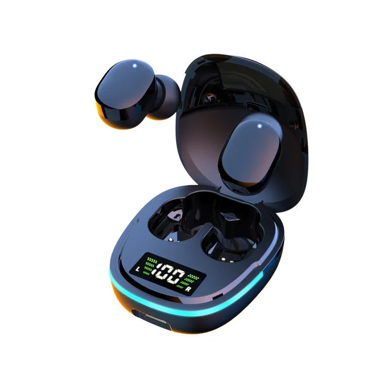 Black true wireless Bluetooth in-ear headphones with a compact charging case showing digital battery display.