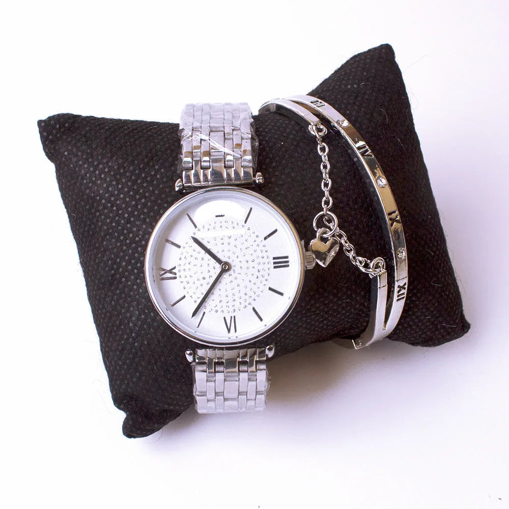Silver gypsophila watch and bracelet two-piece set for women with quartz movement
