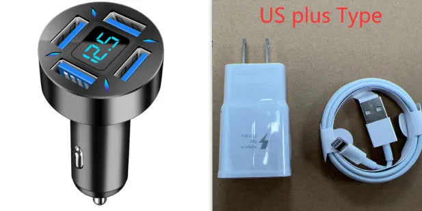 Black four-port car USB charger with LED digital display plugged into a vehicle socket.