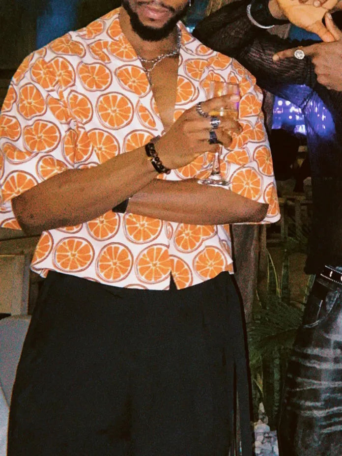 Orange slice print short sleeve V-neck cropped shirt for women, polyester casual top, front view