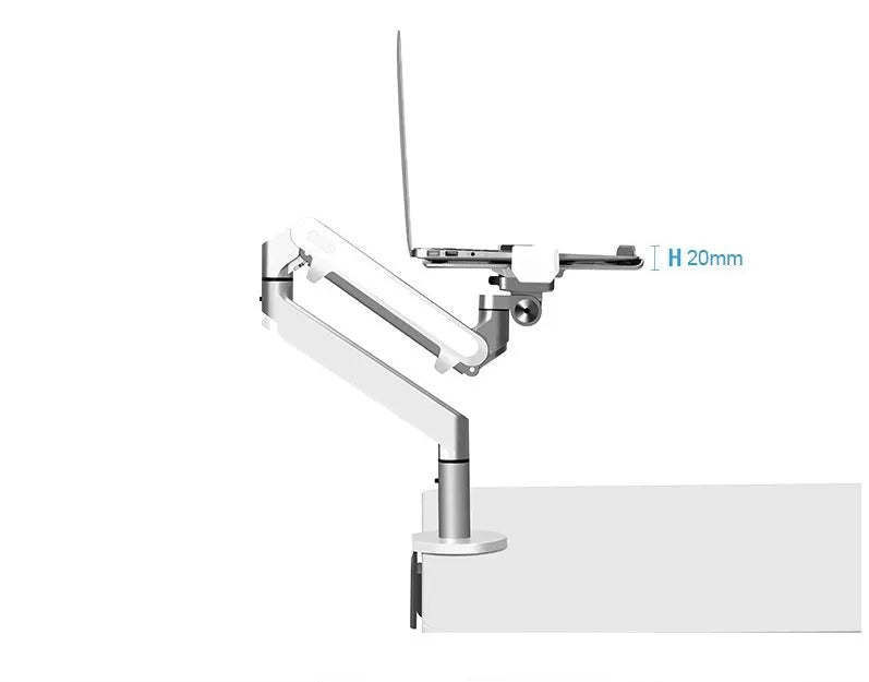 Aluminium laptop stand with adjustable arm bracket in silver colour on desk